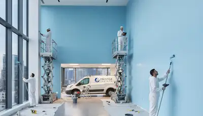 Commercial painting crew in Bakersfield, CA applying durable coatings to a business exterior